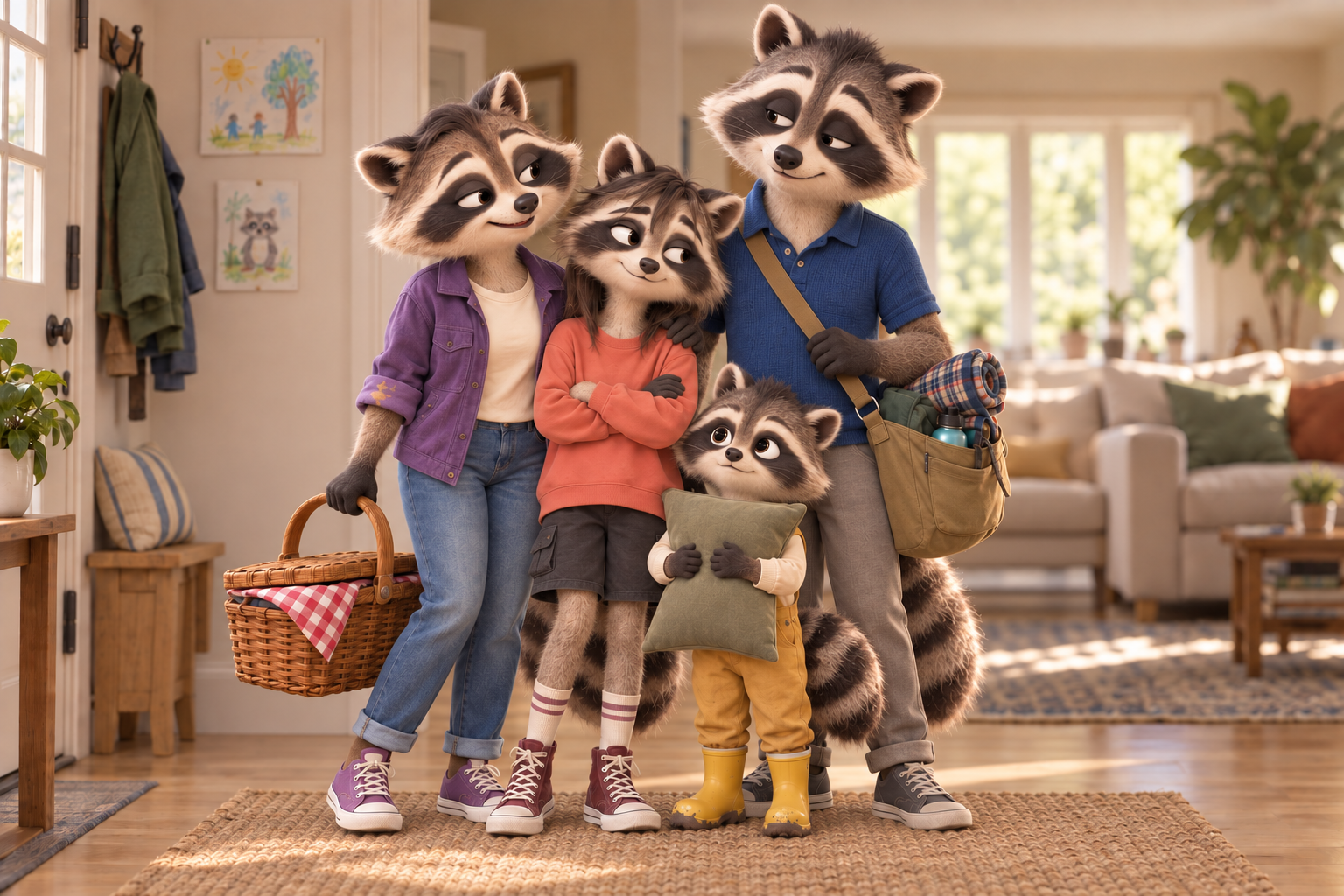 The illustrated Moss family: Maya in purple, Owen in blue, Riley in coral and Finn in yellow, together at home.